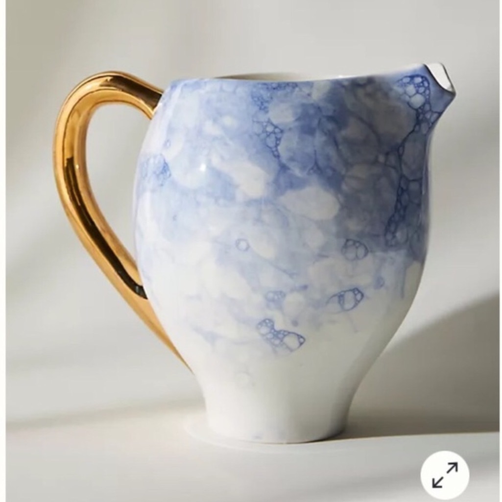 Anthropologie Hand Glazed Stoneware Pitcher Vase In Ice Blue And Gold New In Box